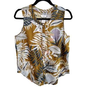 C&C California | 100% Linen Tropical Palm-Print Sleeveless Button-Up Top